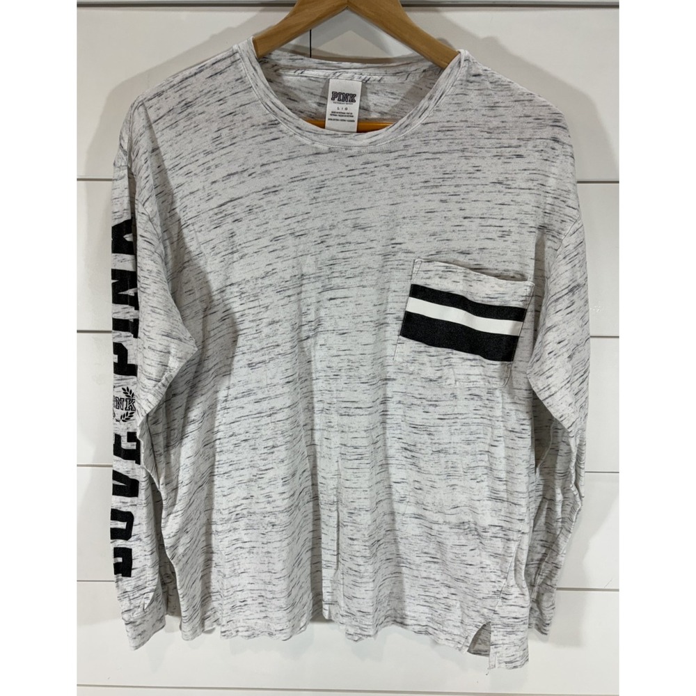 Victoria's Secret LOVE PINK Long Sleeve Pocket T-Shirt Heathered Grey Sz Large L